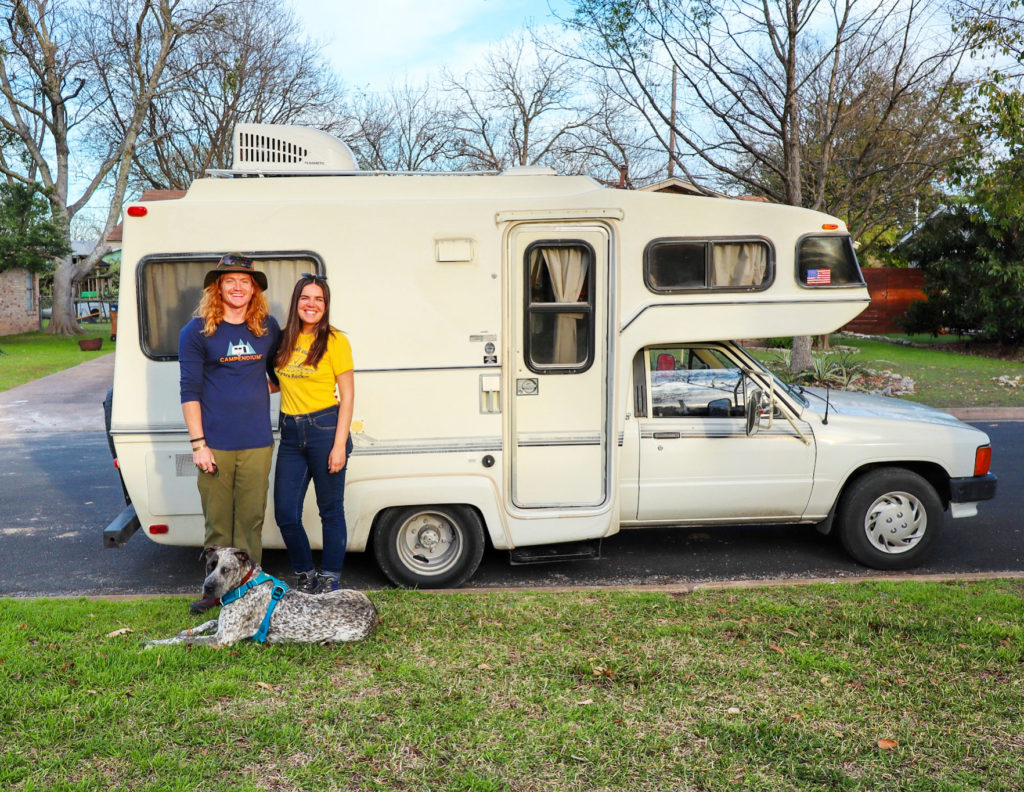 Ely, Tom, and Alaska in front of their 1986 Toyota Motorhome